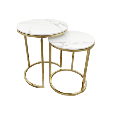 Cato Tall Gold Nest Tables - Set of 2 with Polar White Sintered Stone Tops - UK Luxury Furniture